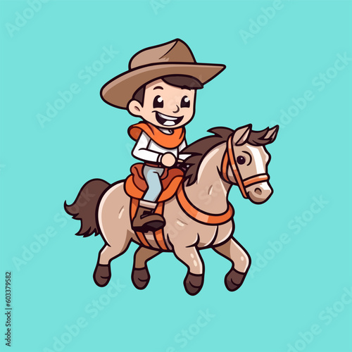 Flat Design Concept  Cartoon Vector Icon of a Young Child Riding a Horse