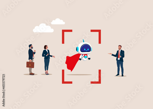 Choosing robot worker from group of businesspeople. Smart candidate Robot with artificial intelligence. Modern vector illustration in flat style