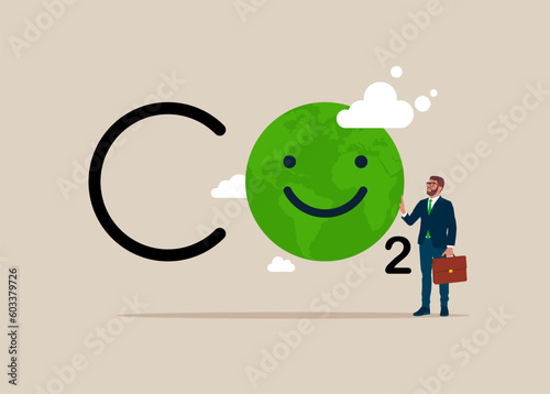 Earth globe Feels good under climate change or Global Warming - CO2 - Flat vector illustration.