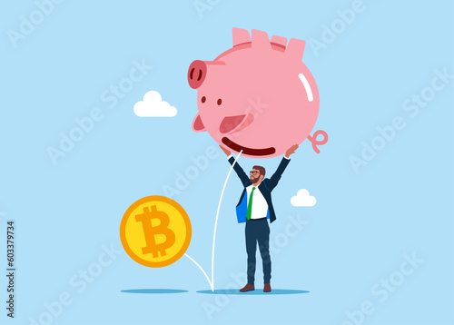 Upset Businessman Shaking Empty Piggy Bank with No bitcoin inside. Bankruptcy, Investment Decrease, Budget Deficit. Flat vector illustration.