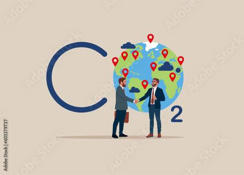 Negotiations and agreement with balancing carbon neutral CO2 gas. Flat vector illustration