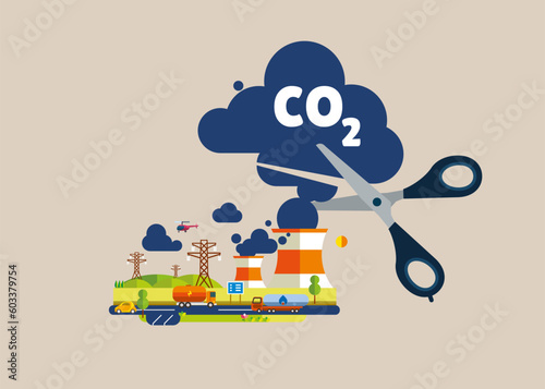 Stop air pollution, co2 , ecological problems. Cutting harmful industry emissions with large scissors. Flat vector illustration