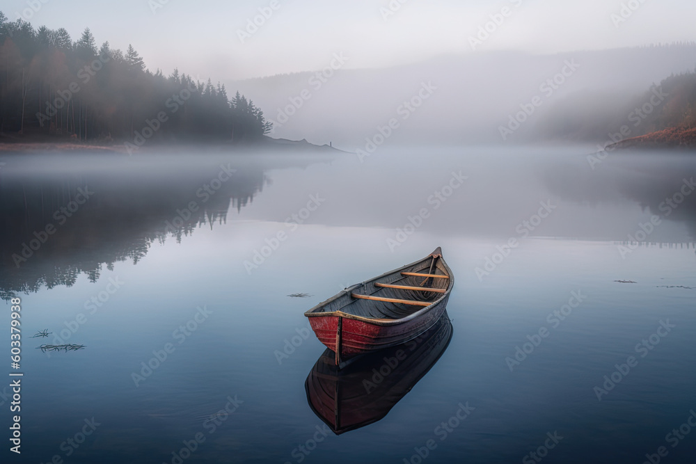 A boat on a lake with a foggy background. Generative AI