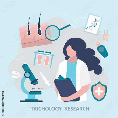 Trichological and dermatological examination of scalp and hair follicles in cosmetology clinic. Female scientist examines hair sample, research by genetic research in laboratory, DNA analysis.