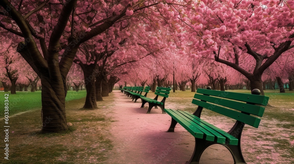  a row of green park benches sitting under a pink tree.  generative ai