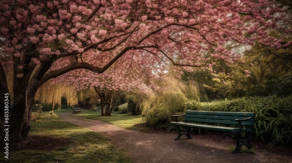  a park bench under a tree with pink flowers on it.  generative ai