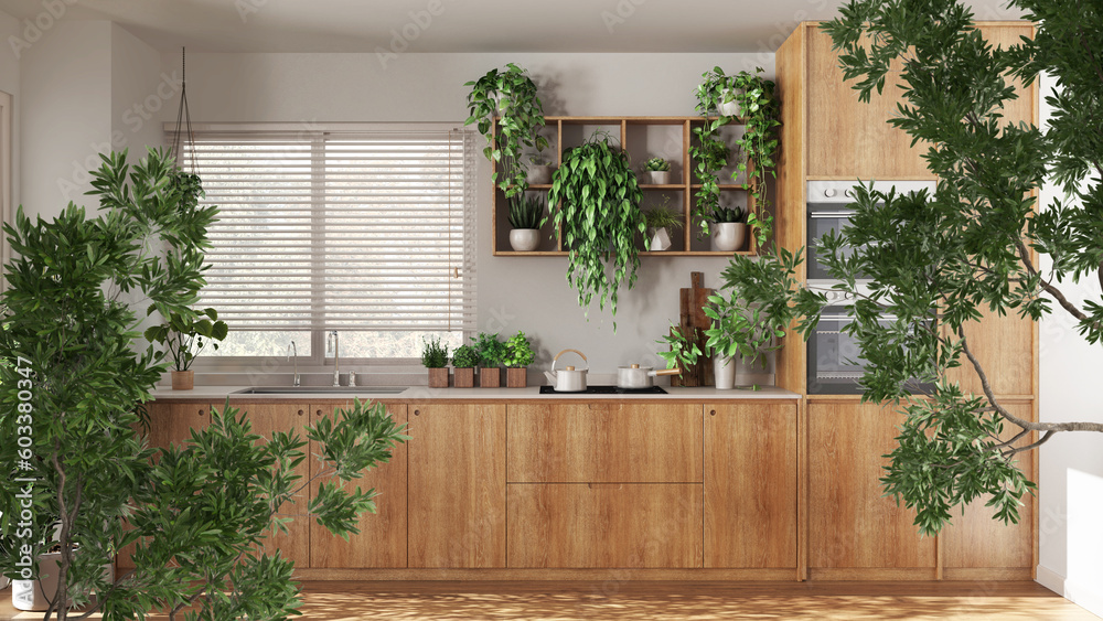 Green summer or spring leaves, tree branch over interior design scene. Natural ecology concept idea. Kitchen and dining room with many houseplants. Urban jungle design