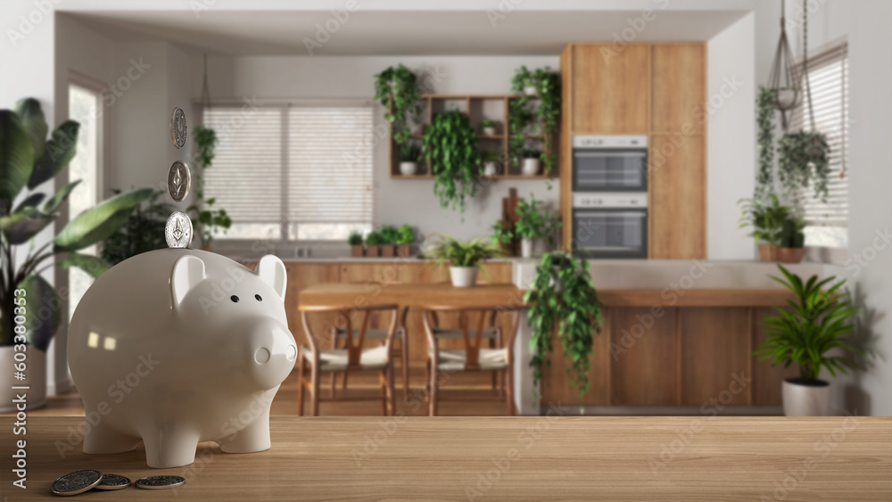 Wooden table top or shelf with white piggy bank with coins, sustainable ...