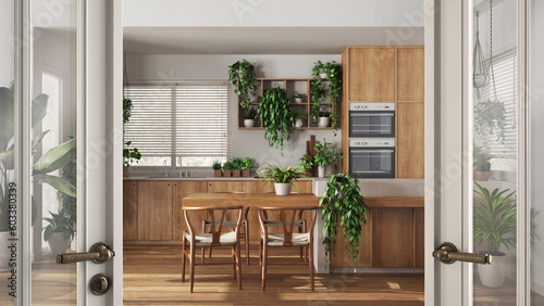 Classic white glass door opening on kitchen and dining room with sofa with many houseplants. Welcome home concept, urban jungle interior design idea © ArchiVIZ