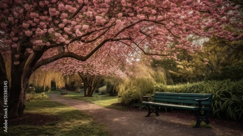  a park bench under a tree with pink flowers on it. generative ai