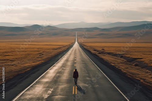 Fotografie, Obraz A man walking on an empty road in the middle of the desert