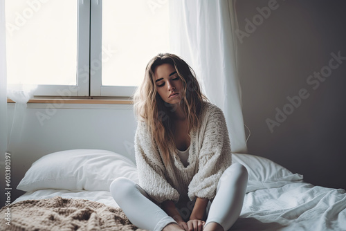 A woman sits on a bed in front of a window with her eyes closed. Generative AI.