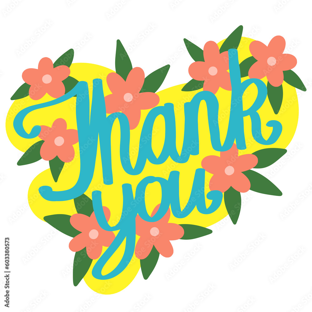 Obraz premium Hand drawn illustration sticker of yellow blue summer thank you card. Thankful grateful icon symbol, gratitude design, colorful cartoon bright drawing sketch, flower floral background.