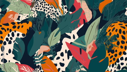 Abstract tropical floral print with leopard skin. Cute botanical abstract contemporary seamless pattern. Hand drawn unique print