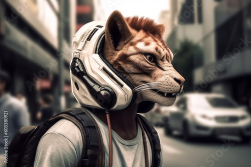 Person with tiger head in headphones (ID: 603380921)