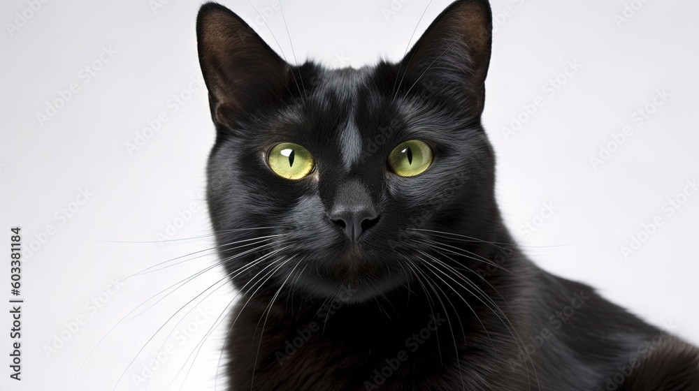  a black cat with green eyes looking at the camera with a white background.  generative ai