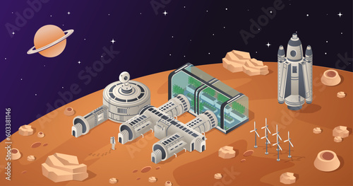 Mars colonization concept. Rocket next to base and greenhouse with plants on planet. Space station, scientific research. Biological terraforming. Cartoon isometric vector illustration