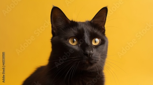  a black cat with a yellow background looking at the camera. generative ai