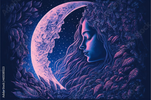 Magicland of dreams, wonderful creatures, fantasy valley of ideas in purple, sleeping beauty, double-side of world, amazing mind, Generative AI