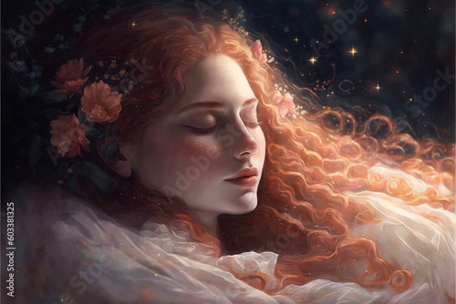 Magicland of dreams, wonderful creatures, fantasy valley of colorful ideas, sleeping beauty, double-side of world, amazing mind, Generative AI