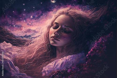 Magicland of dreams, wonderful creatures, fantasy valley of colorful ideas, sleeping beauty, double-side of world, amazing mind, Generative AI