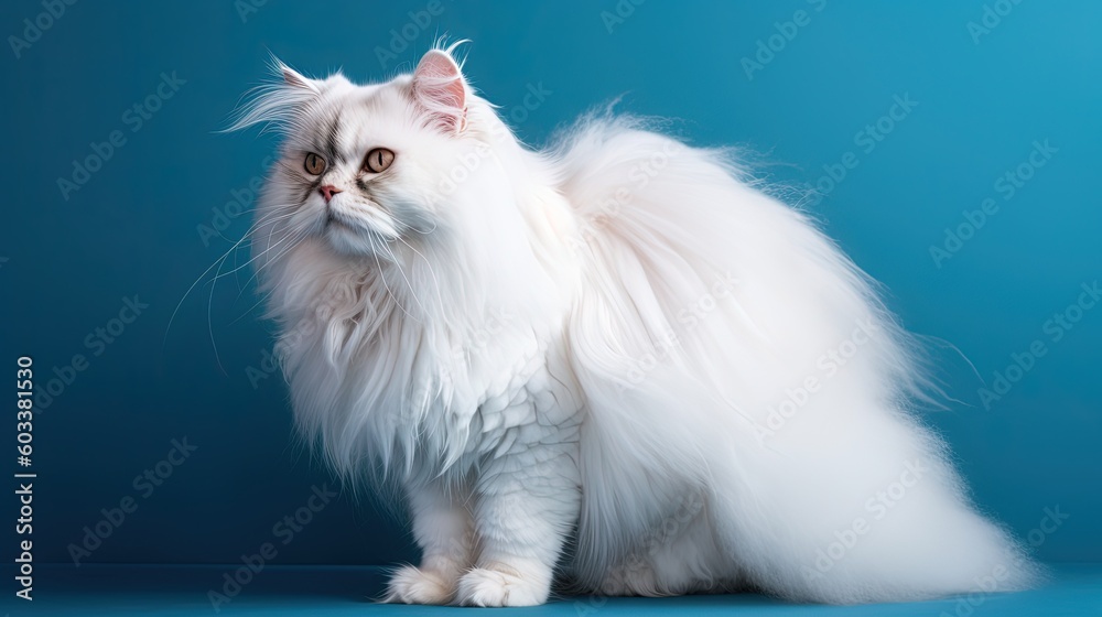  a fluffy white cat sitting on a blue background looking at the camera.  generative ai