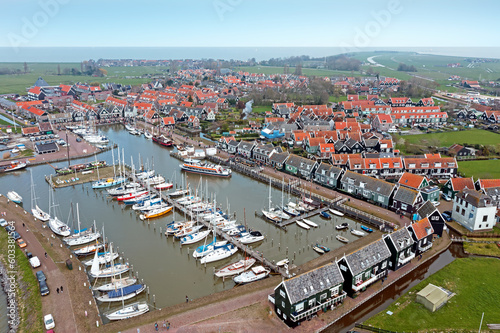 Aerial from the historical village and harbor Marken in the Netherlands