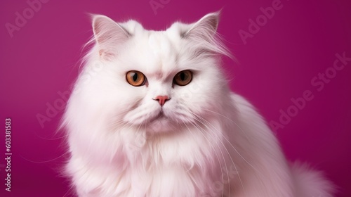  a white cat with brown eyes sitting on a pink background. generative ai