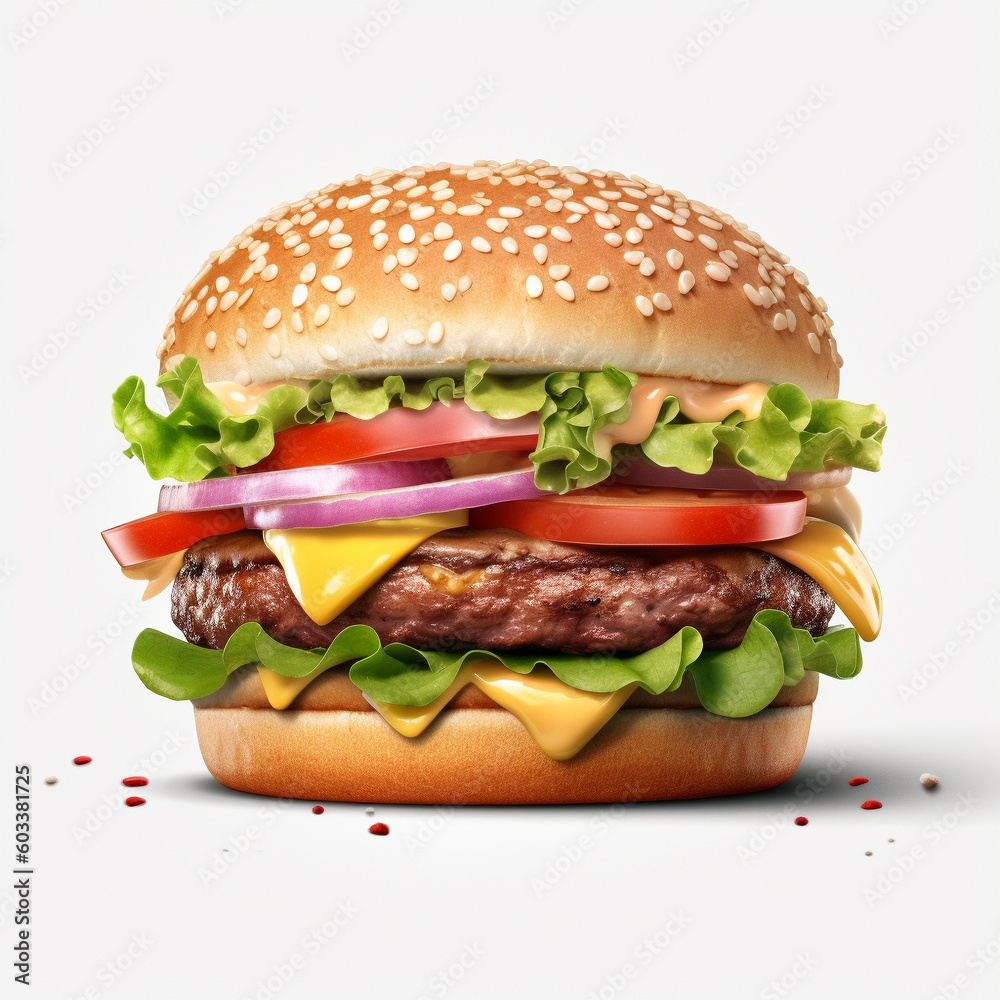 A hamburger with lettuce tomato and cheese - created with Generative AI technology A hamburger with lettuce tomato and cheese - created with Generative AI technology