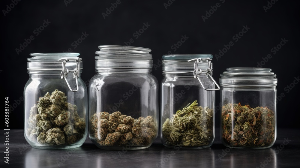 a group of glass jars filled with different types of marijuana. generative ai a group of glass jars filled with different types of marijuana. generative ai