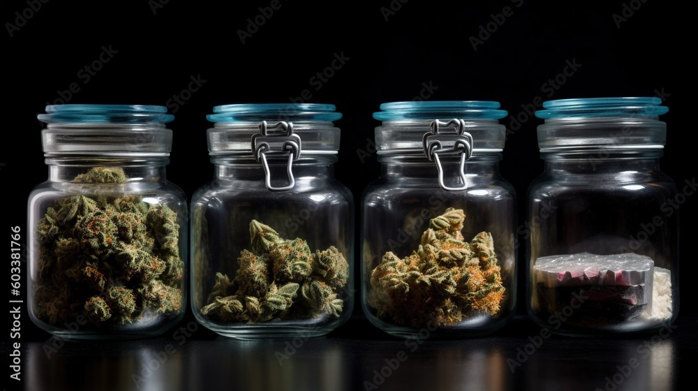 a row of glass jars filled with different types of marijuana. generative ai a row of glass jars filled with different types of marijuana. generative ai