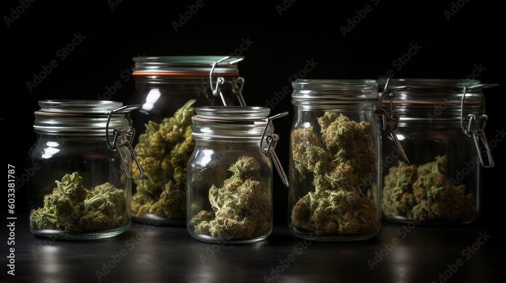 a group of glass jars filled with marijuana buds on a table. generative ai a group of glass jars filled with marijuana buds on a table. generative ai