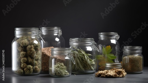  a group of glass jars filled with different types of marijuana.  generative ai