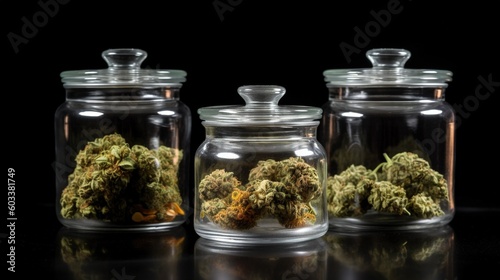  three glass jars filled with weed sitting on a table next to each other.  generative ai