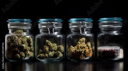  a row of glass jars filled with different types of marijuana.  generative ai