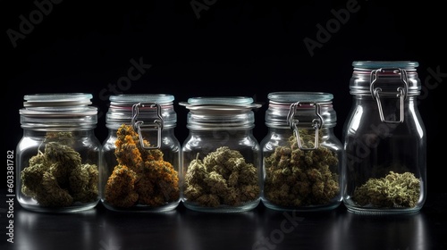  a row of glass jars filled with different types of marijuana.  generative ai