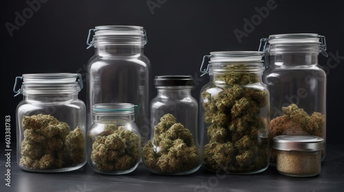  a group of glass jars filled with marijuana buds on top of a table. generative ai