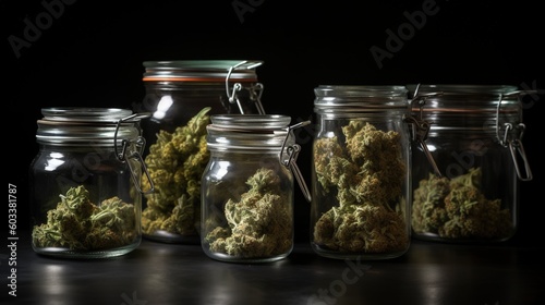  a group of glass jars filled with marijuana buds on a table.  generative ai