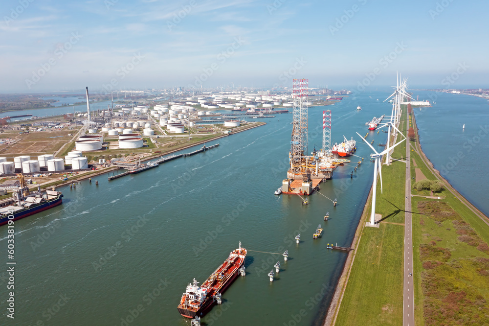 Aerial from industry at the Nieuwe Waterweg in Rotterdam the Netherlands