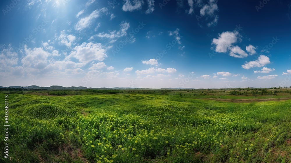  a grassy field with a blue sky and clouds above it.  generative ai