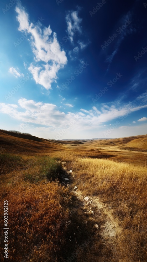  a dirt path running through a dry grass field under a blue sky.  generative ai