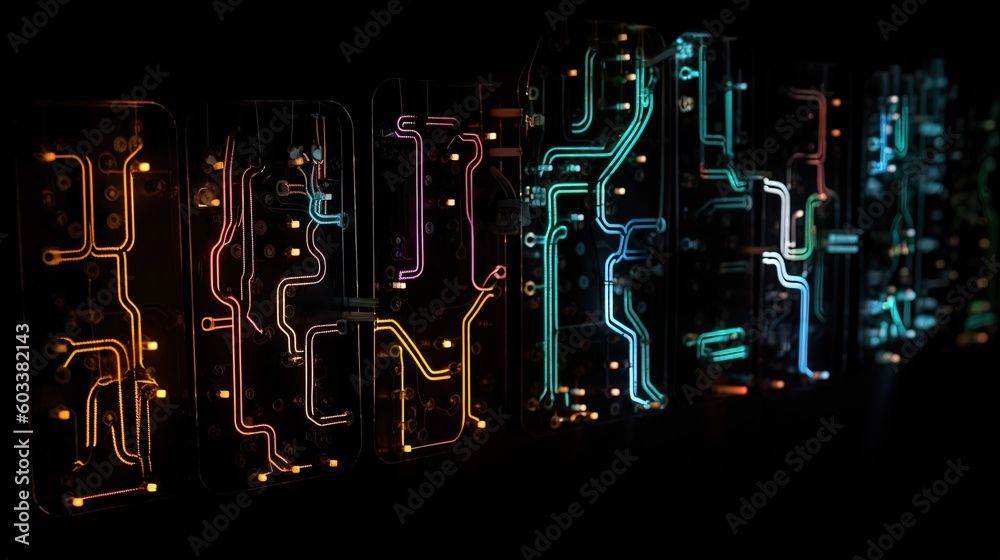  a row of neon colored pipes on a black wall in a dark room.  generative ai