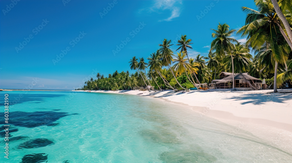 An idyllic beach scene with a tranquil blue lagoon and turquoise ocean beneath coconut palm trees. A perfect destination for relaxation and holiday travel! - obrazy, fototapety, plakaty 