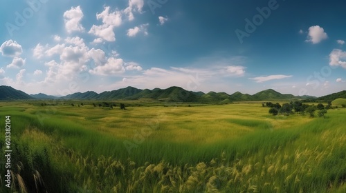  a grassy field with mountains in the distance and clouds in the sky.  generative ai