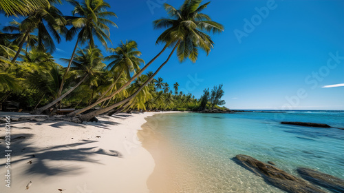 A tranquil beach scene with an idyllic lagoon, surrounded by turquoise ocean water and palm trees in the tropical climate of French Polynesia.