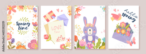 Spring banners set. Collection of posters with flowers and toy. Aesthetics and elegance, nature. Cover, brochure or placard. Cartoon flat vector illustrations isolated on grey background