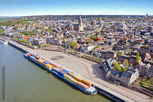 Aerial from the historical city Nijmegen at the river Waal in the Netherlands