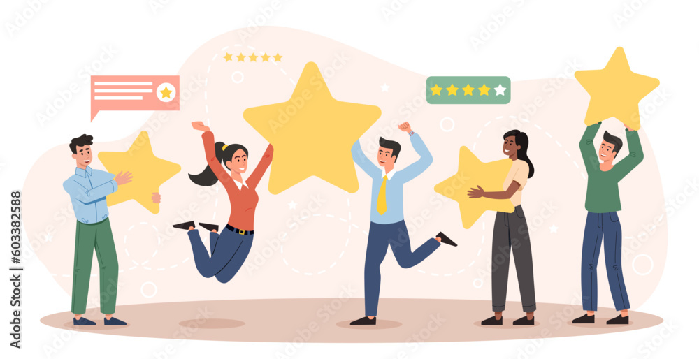 Star rating concept. Satisfied customers give high rating to product or service. Feedback, review and opinion. Know your client. Business satisfaction and marketing. Cartoon flat vector illustration