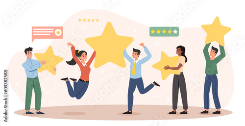 Star rating concept. Satisfied customers give high rating to product or service. Feedback, review and opinion. Know your client. Business satisfaction and marketing. Cartoon flat vector illustration