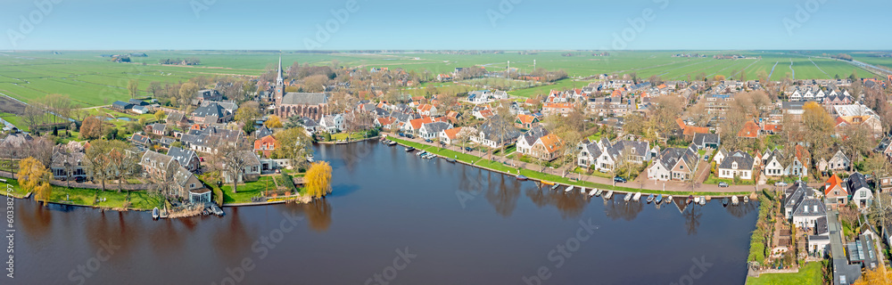 Aerial panorama from the historical city Broek in Waterland in the Netherlands